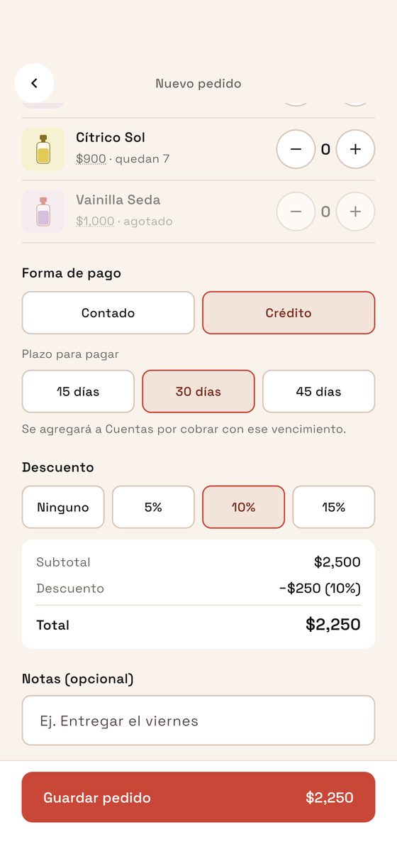 Pantalla de Nuevo pedido de Fragancia CRM