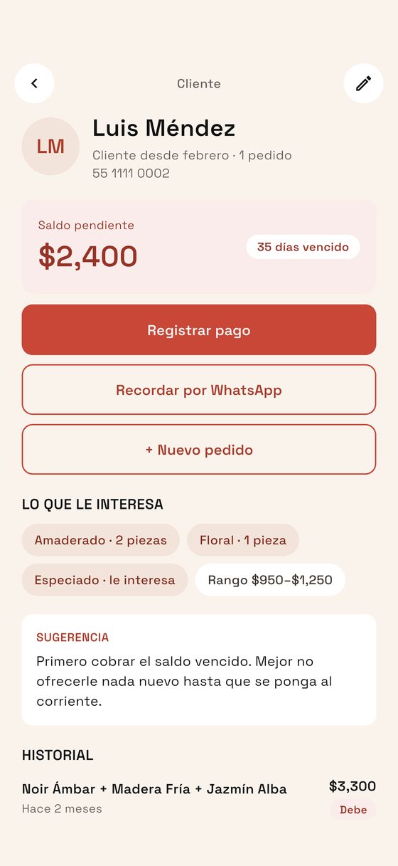 Pantalla de Ficha de cliente de Fragancia CRM