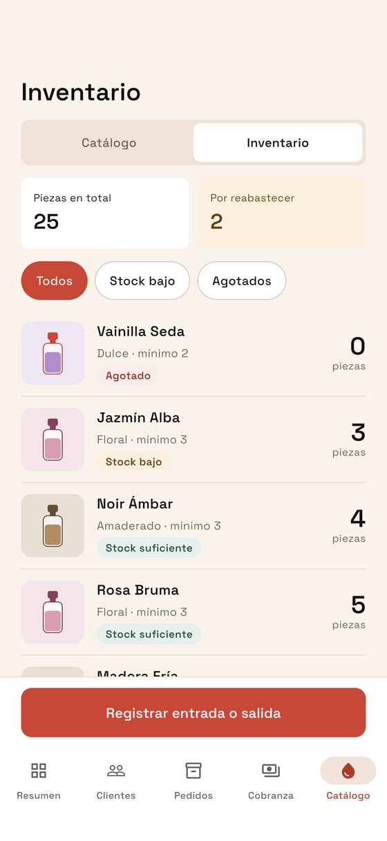 Pantalla de Inventario de Fragancia CRM
